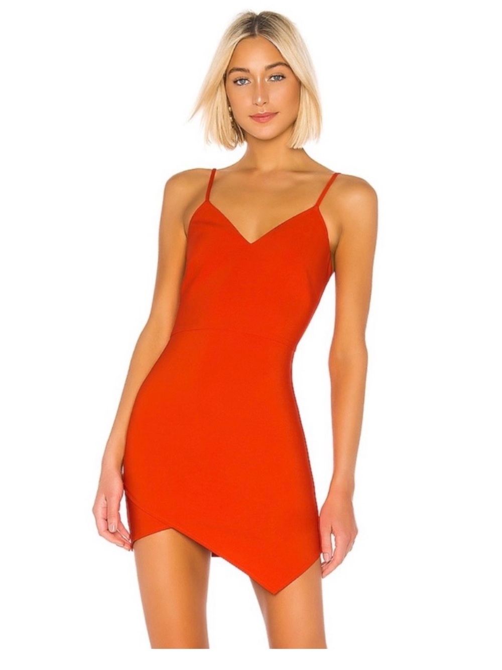 Lovers + Friends Aria Dress – Asymmetrical Mini, V‑Neck Spaghetti Straps (M)